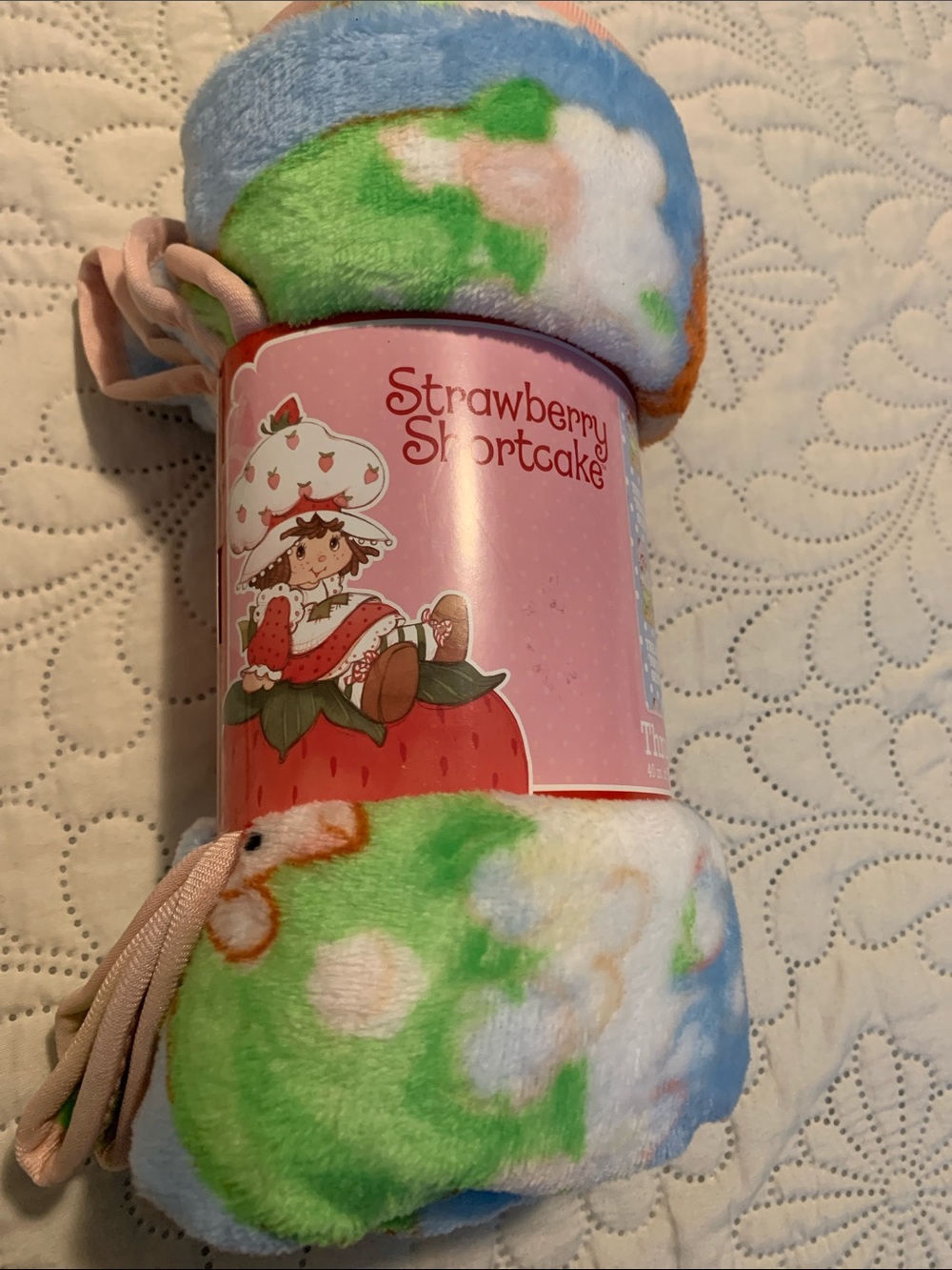 Strawberry Shortcake Plush Throw Blanket - Pastel Green Blue White